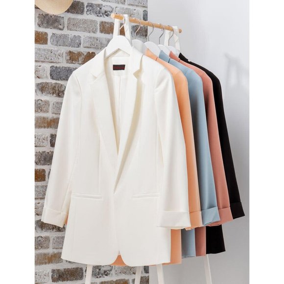 NEW Classic Collar Mid Length Side Pocket Open Front Cardigan Long Blazer Ivory - Picture 9 of 10